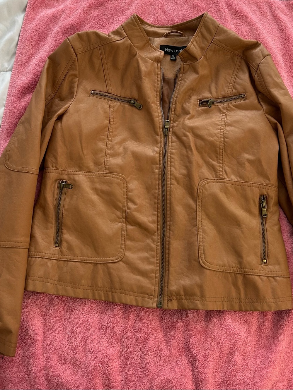 New Look Women's Brown Faux Leather Biker Jacket with Zip Pockets